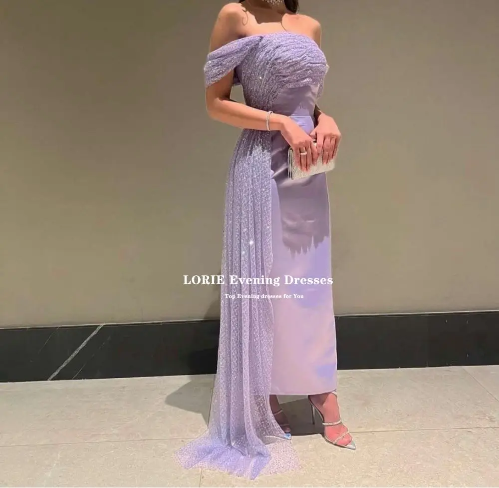 LORIE Lilac Satin Mermaid Evening Dresses Off The Shoulder With Dotted Tulle Formal Prom Party Beauty Pageant Dresses Back Split