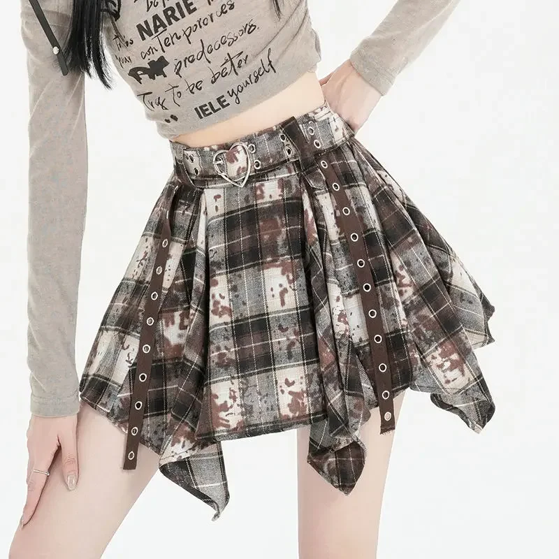 

2025 Retro Irregular Harajuku Grunge Pleated Skirt for Women Aesthetic Hot Girl Plaid Print Patchwork A-line Skirt with Belt 90s