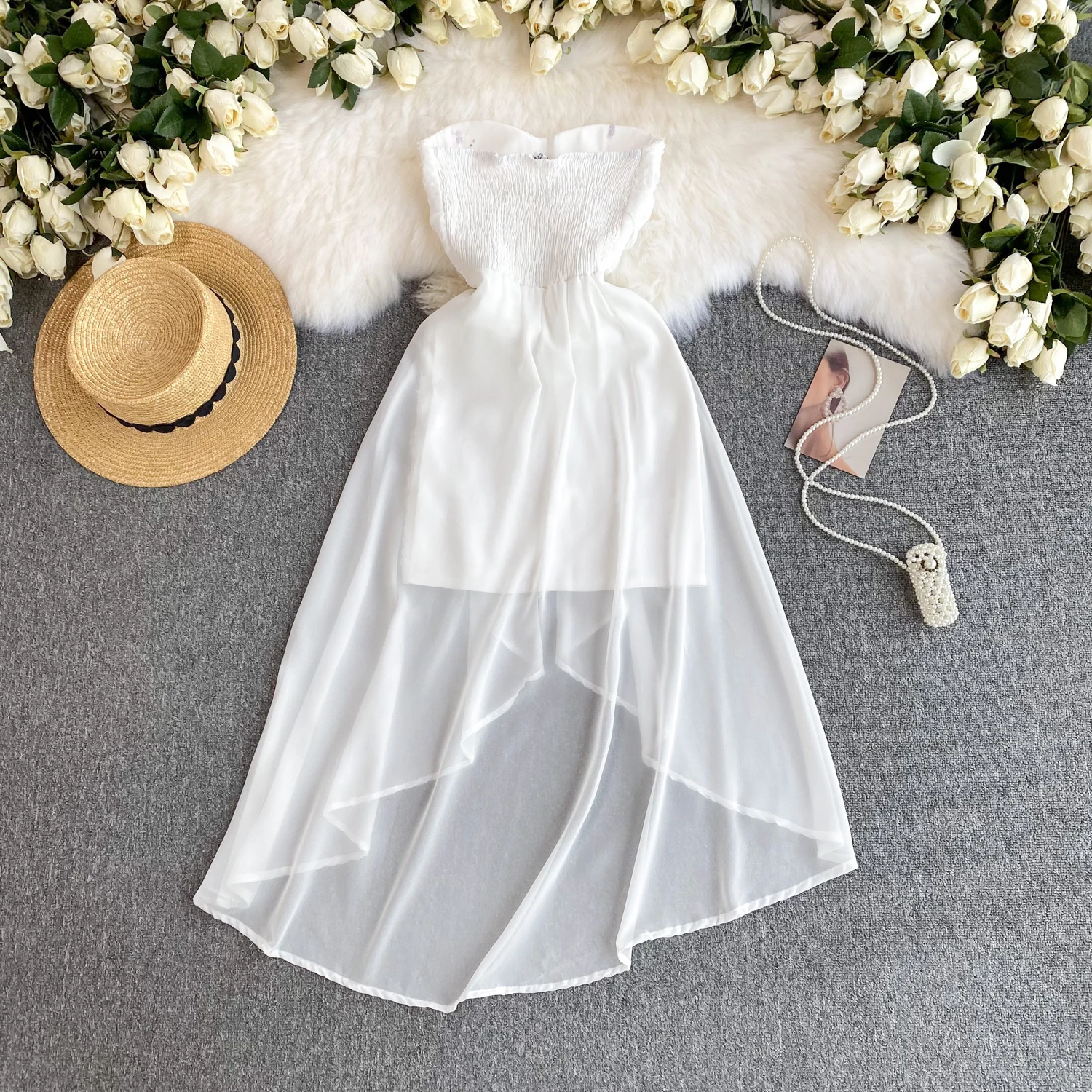 Chic Floral Mesh Patchwork Tube Top Dress Sexy Off Shoulder Elegant Evening Party Women Fashion Vintage Ceremonial Dresses