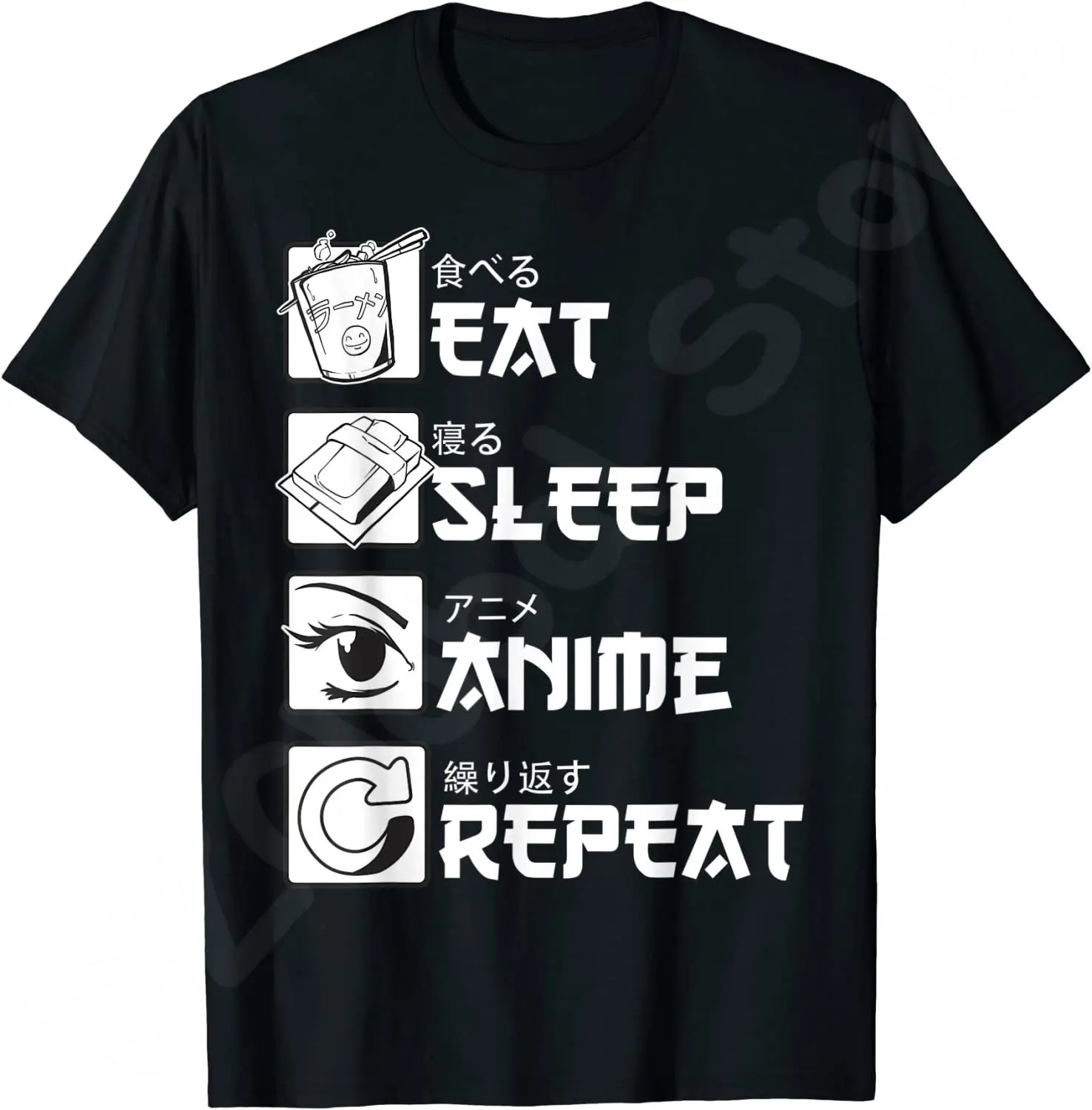 Eat Sleep Anime Repeat T-shirt Anime Manga T Shirts Funny Summer Cotton Casual Tees Black Round Neck Tops Gifts