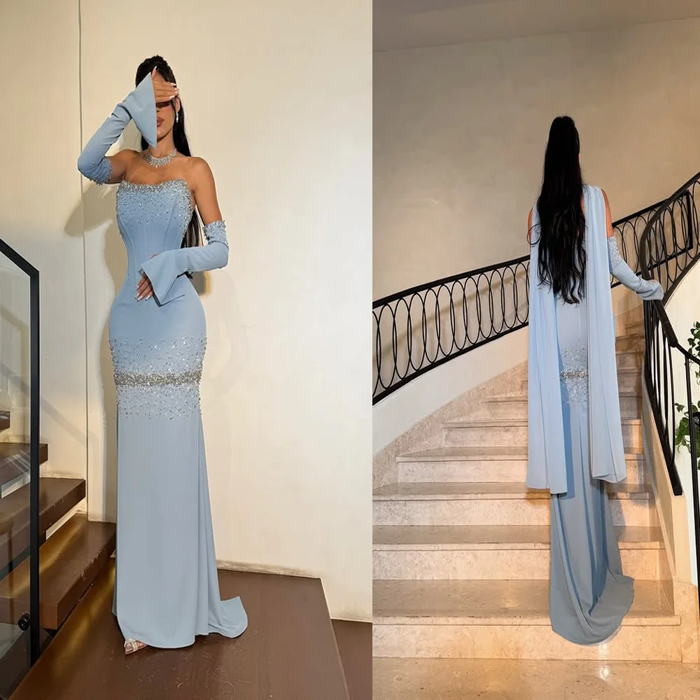 

Glamorous Strapless Satin Beading Crystal Evening Dress Sheath Backless Floor Length Saudi Arab Gown with Court Custom Made