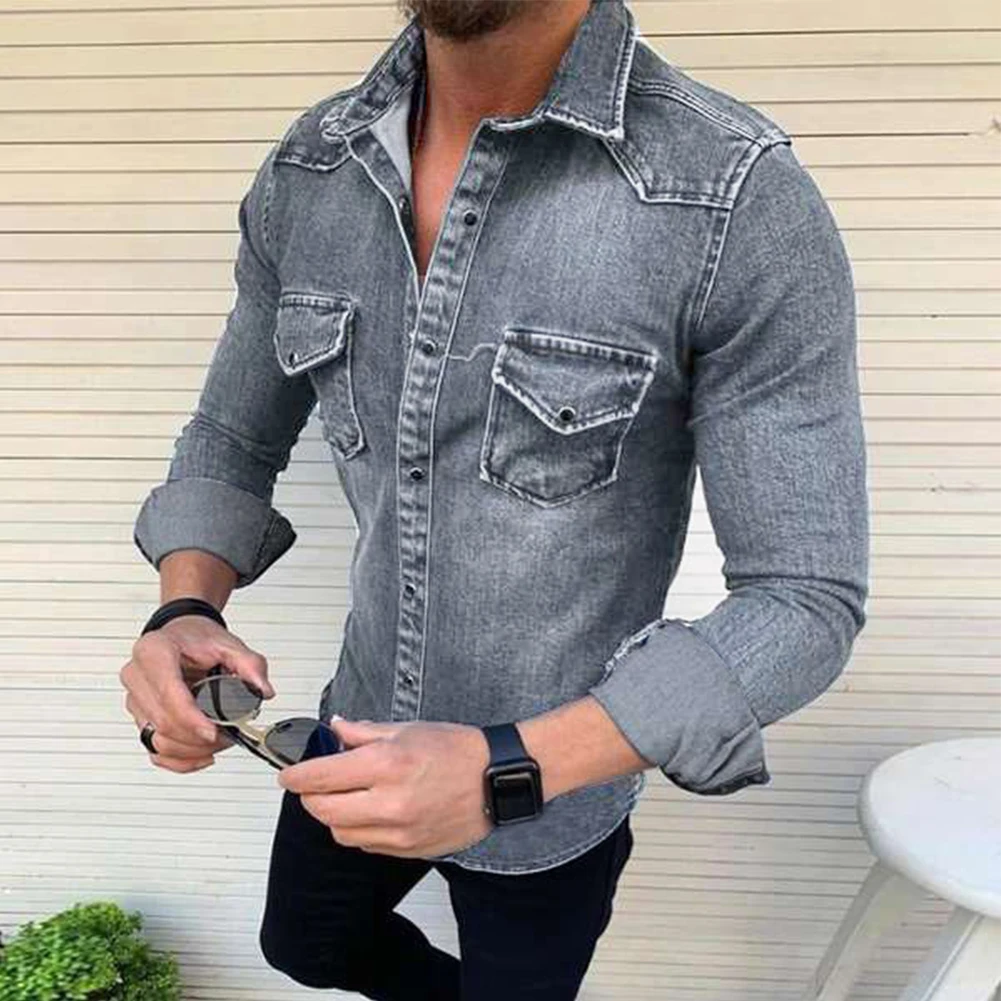 Mens Casual Slim Shirt Jeans Long Sleeve Tops Chest Pocket Snap Button Down Tops Fashion Denims Shirt Cotton Autumn