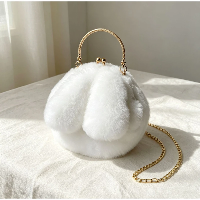 Weiche, flauschige Plüsch-Handtasche mit Henkel, niedliche Umhängetasche mit Hasenohren und Kette, warme Winter-Clutch, leichte Handytasche – Detail 10