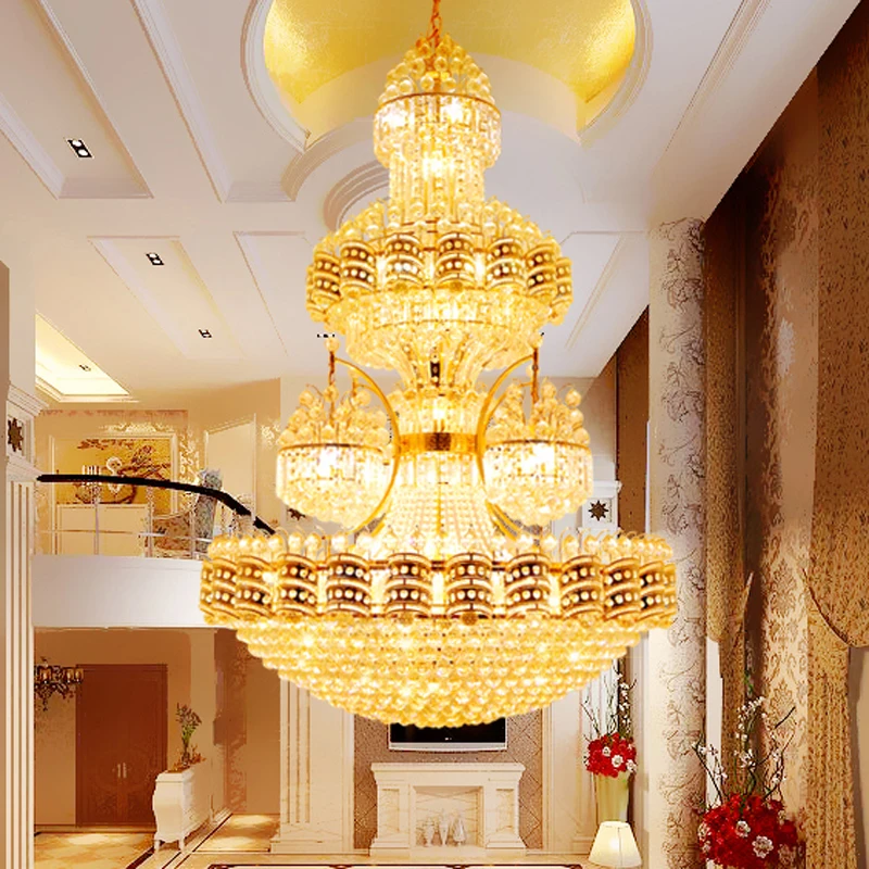 

European Large Golden Crystal Chandelier American Luxury Big Chandeliers Lights Fixture Hotel Lobby Stair Way Villa Hanging Lamp