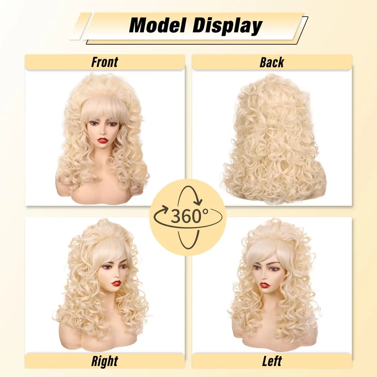 Blonde Long Curly Wig with Bangs Vintage Costume Wig for Women 70s Rocker Halloween Costume DollyParton Wigs