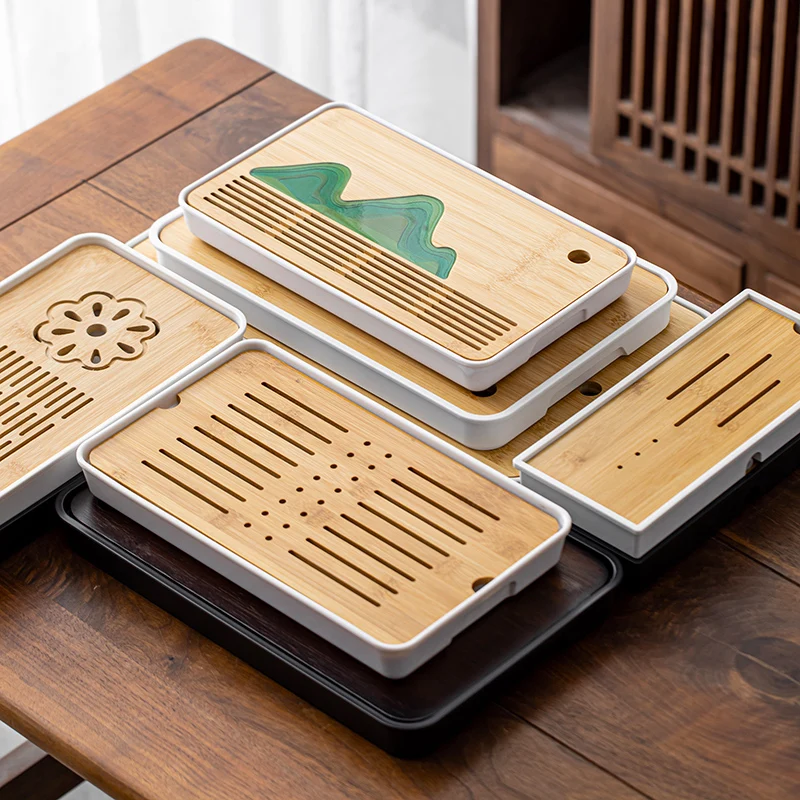 

Китайские аксессуары для чая кунг-фу/бамбуковый поднос для чая для домашнего использования/меламиновое дно/поднос для хранения на открытой дверь/органайзер для сервировки чая