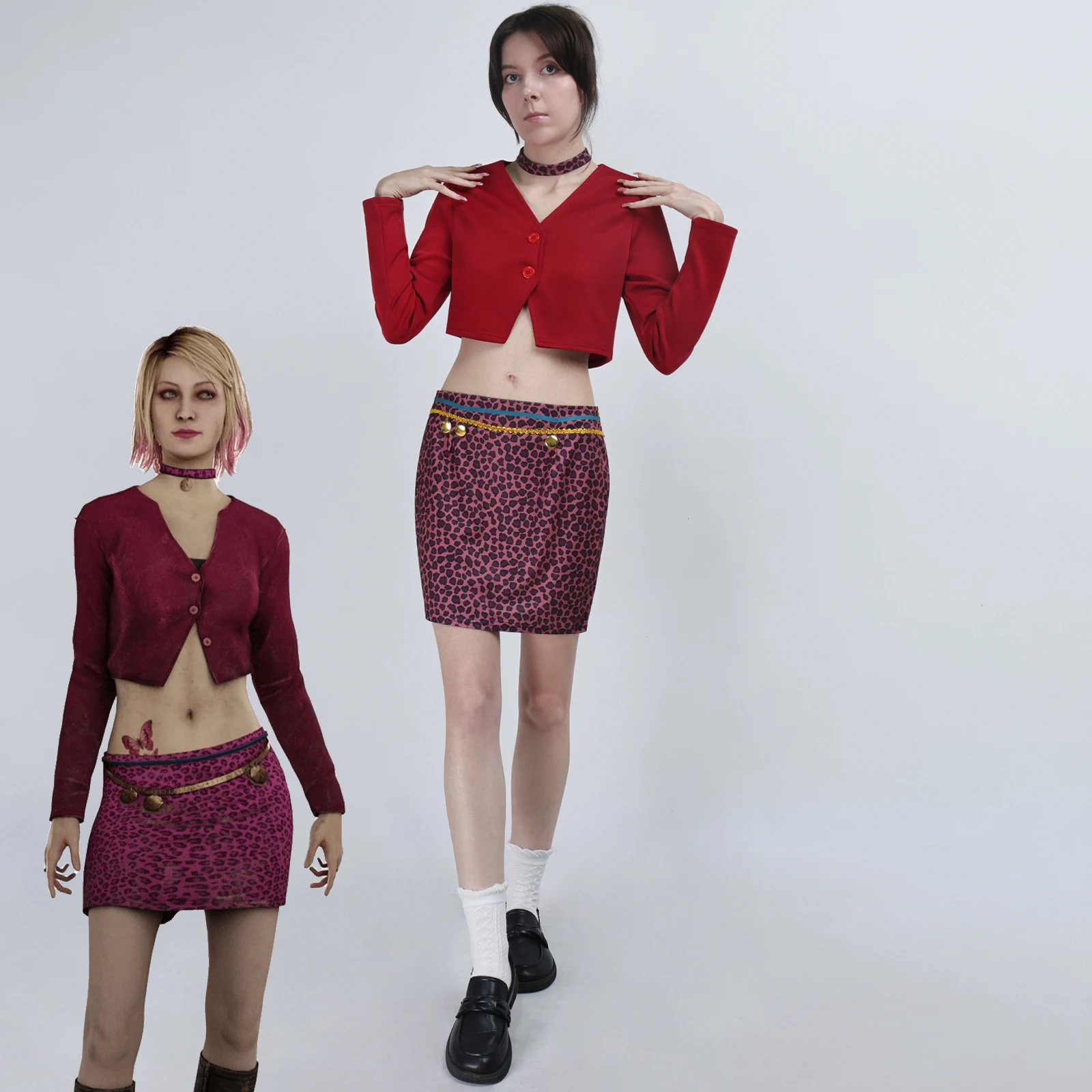 

Silent Hill Maria Cosplay Costume Women's Sexy Crop Top & Leopard Mini Skirt Outfit Halloween Party Dress Up