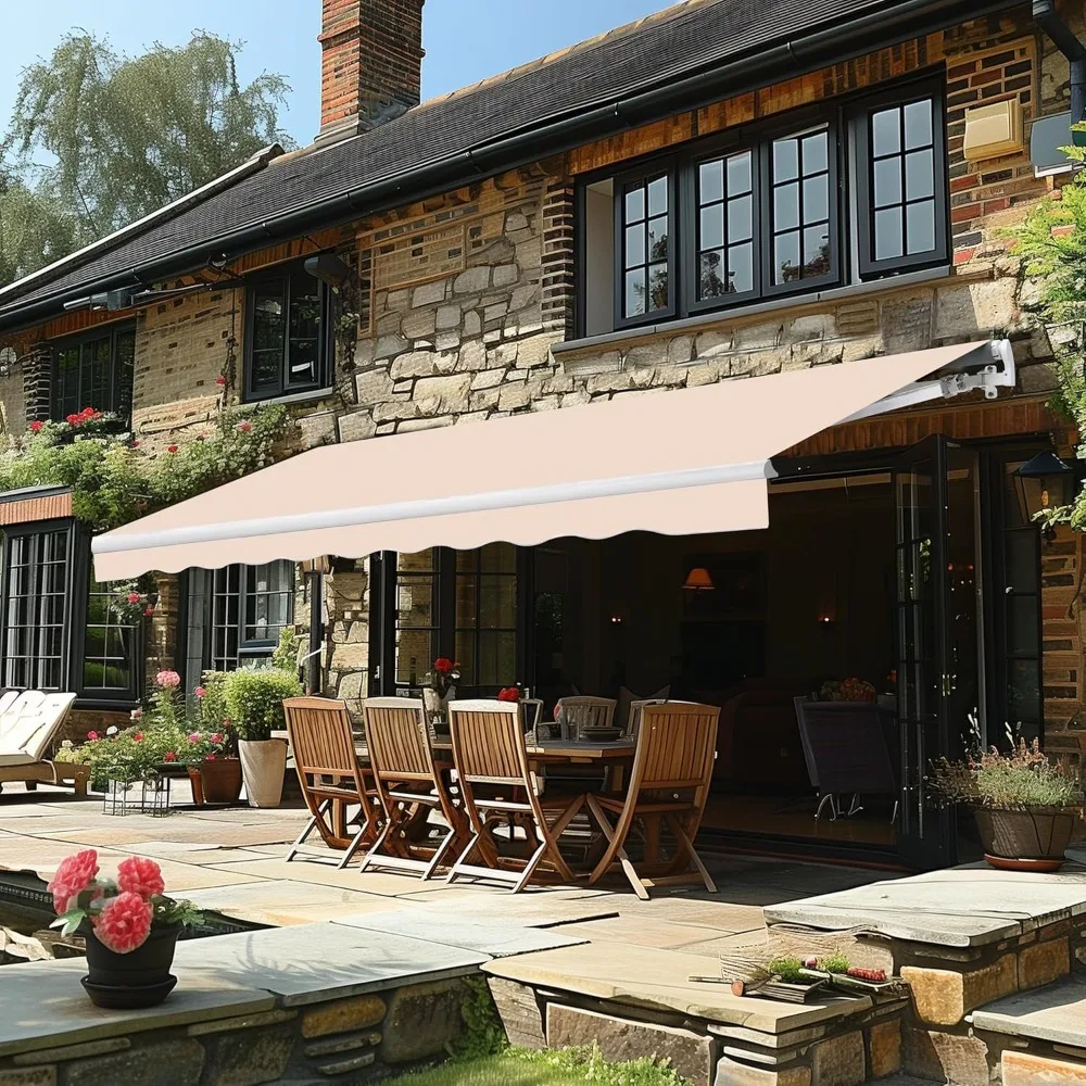 

12x10 FT Manual Retractable Patio Awning, Outdoor Window Sun Shade Shelter with Crank Handle & Canopy, Customized