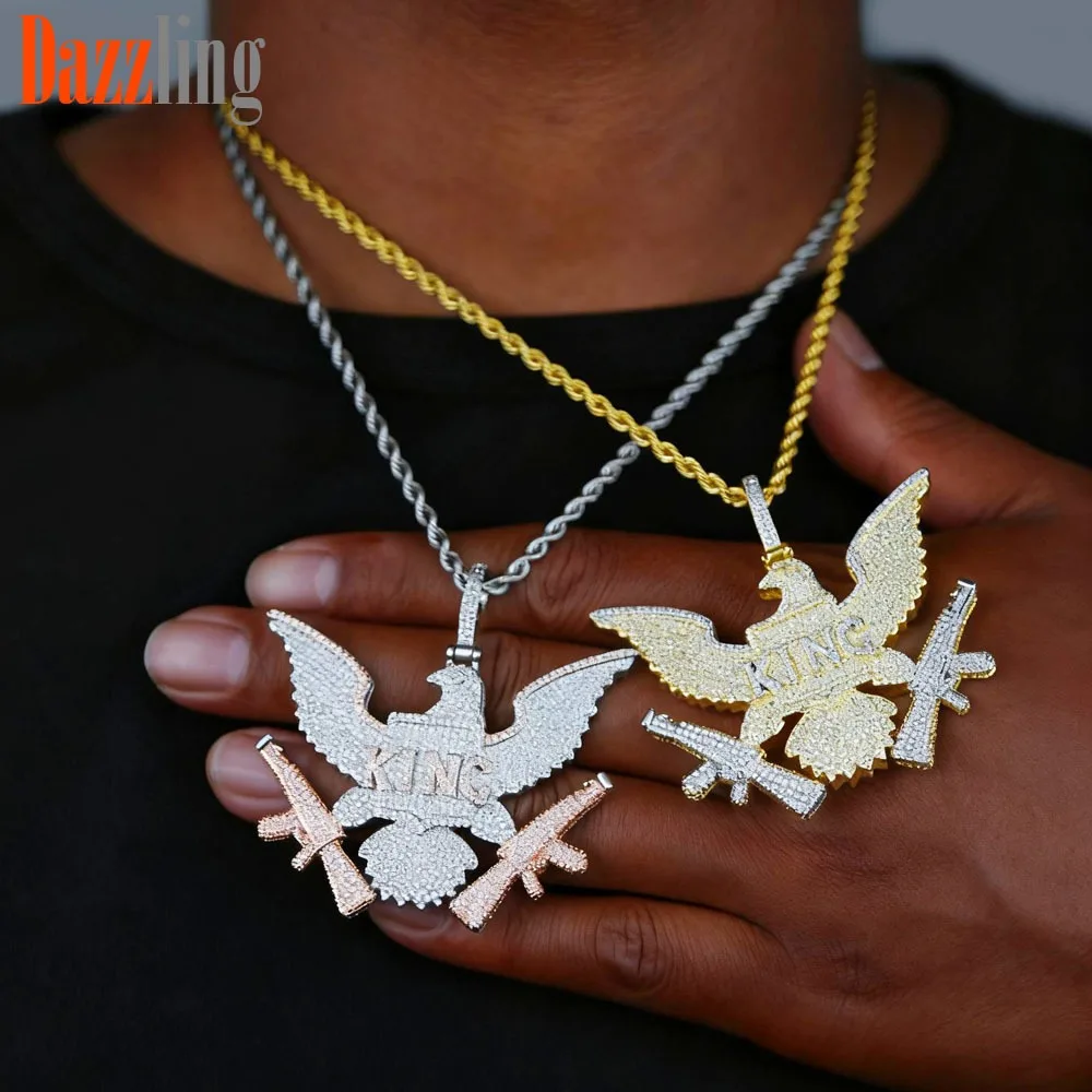 

New Hip Hop Eagle Double Gun Inlaid Zircon Pendant Necklace - High-End Luxury Fashion Punk Series - Unisex