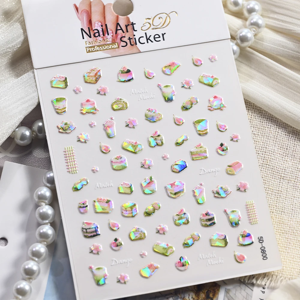1 unidad de pegatinas iridiscentes 5D para uñas con diseño de mochi matcha, calcomanías de postre de té verde matcha para uso diario en el hogar, salón, fiestas, bodas y más.
