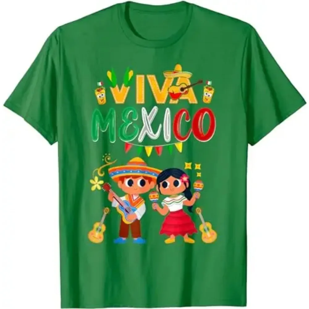 Viva Mexico Men and Women Maracas Guitar Mexican Independence T-Shirt Graphic Vintage Mexico Flag Outfit Family Matching Clothes