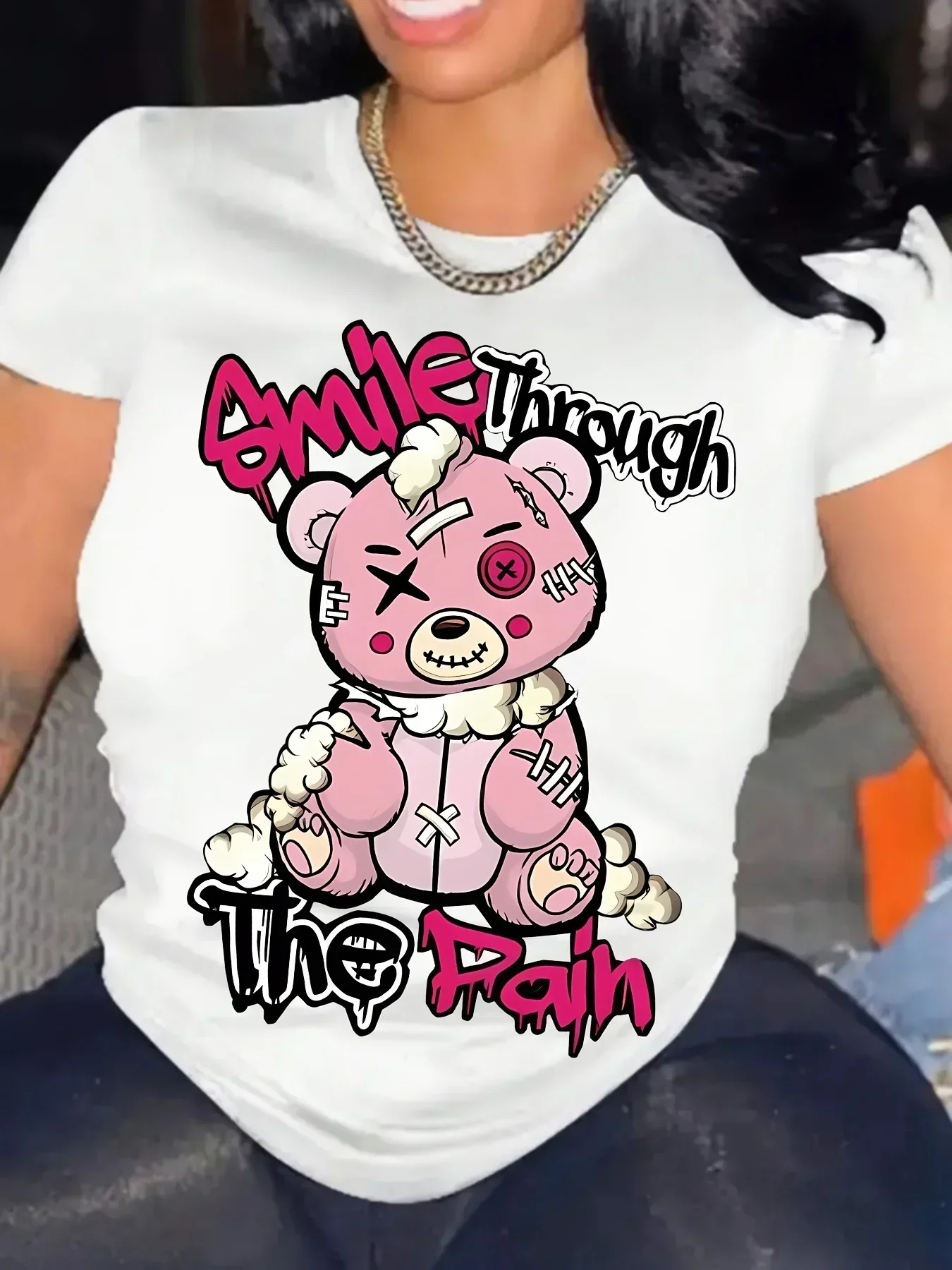 

Casual Stylish Perfect for Spring Summer Fashion Teddy Bear Print Womens T-Shirt Soft Crew Neck Short Sleeve