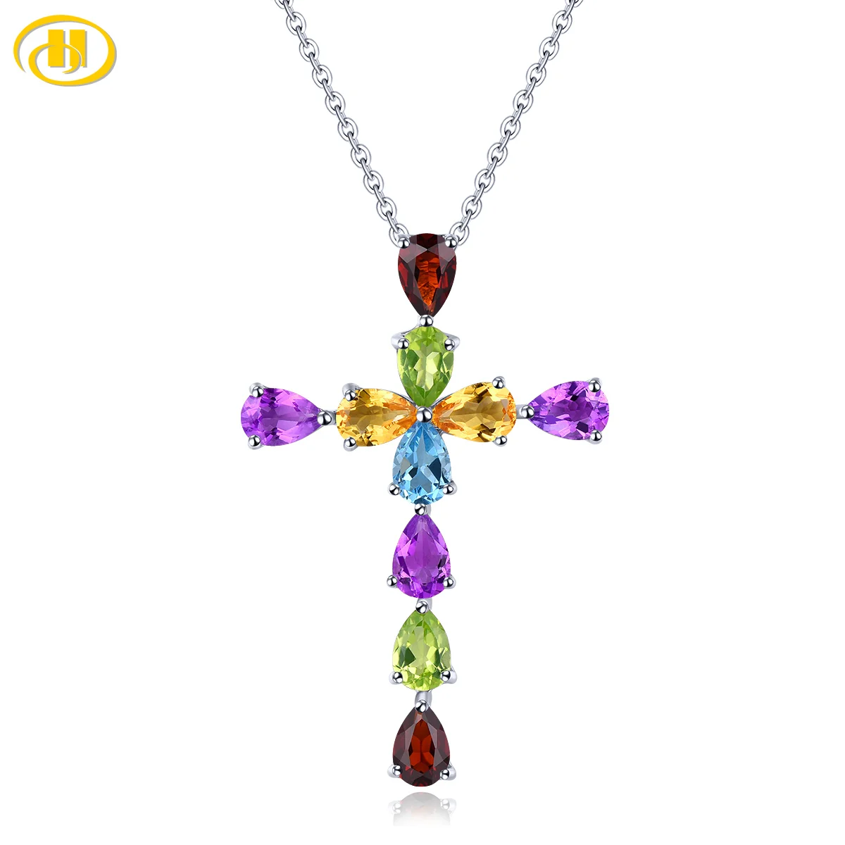 

Hutang Women's Pendant Natural Amethyst Garnet Citrine Topaz Solid 925 Sterling Silver Chain Fine Gemstone Jewelry for Gift