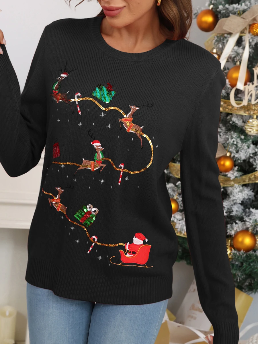 Women Christmas Sweater Long Sleeve Crew Neck Sequined Reindeer Pullover Sweater Winter Sweater