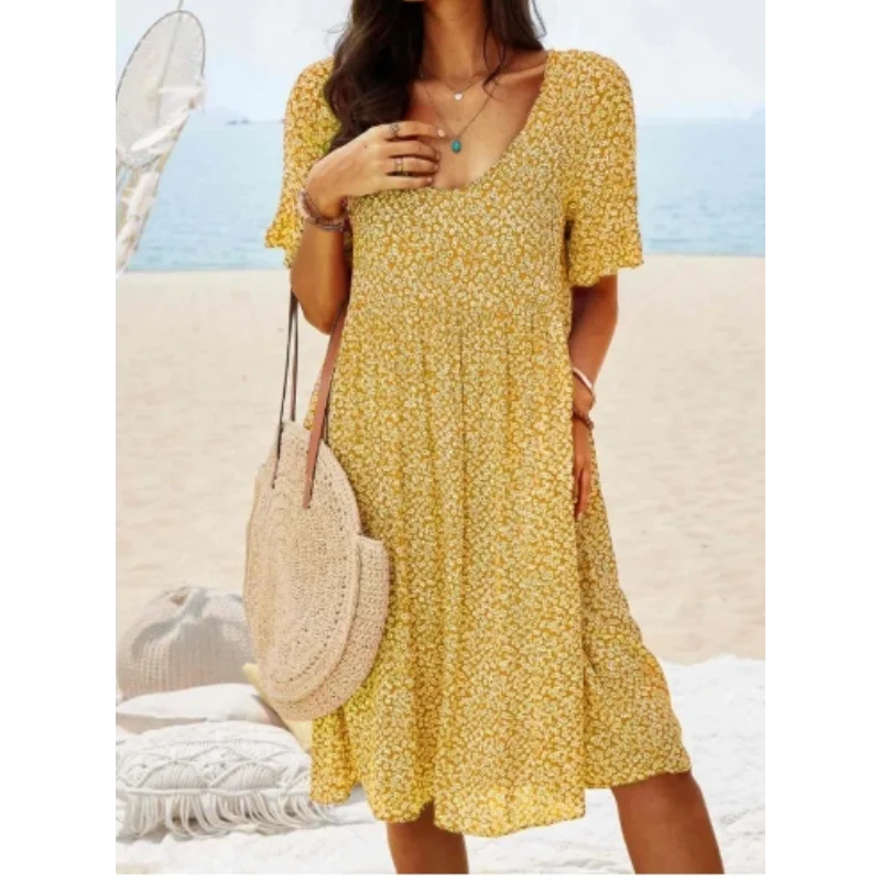 2024 Summer Lady Loose Floral Print Big Swing Dress Fashion Boho V Neck Short Sleeve Pullover A-Line Midi Dress Vestido Elegante