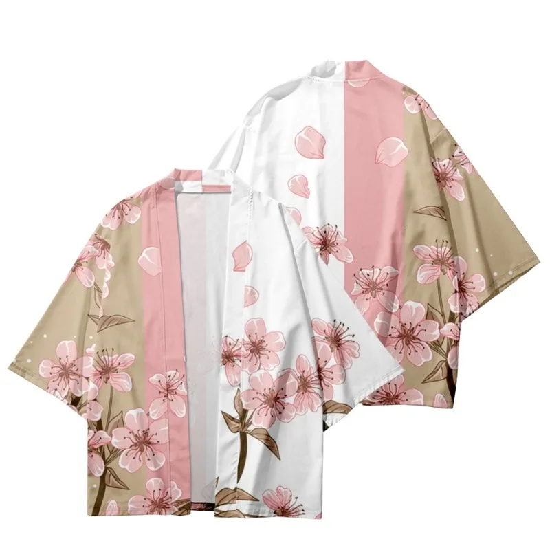 

Summer Women Flower Print Kimono Men Fashion Beach Hawaiian Shirt Fashion Cardigan Plum Pattern Kimono Bathrobes Yukata Haori