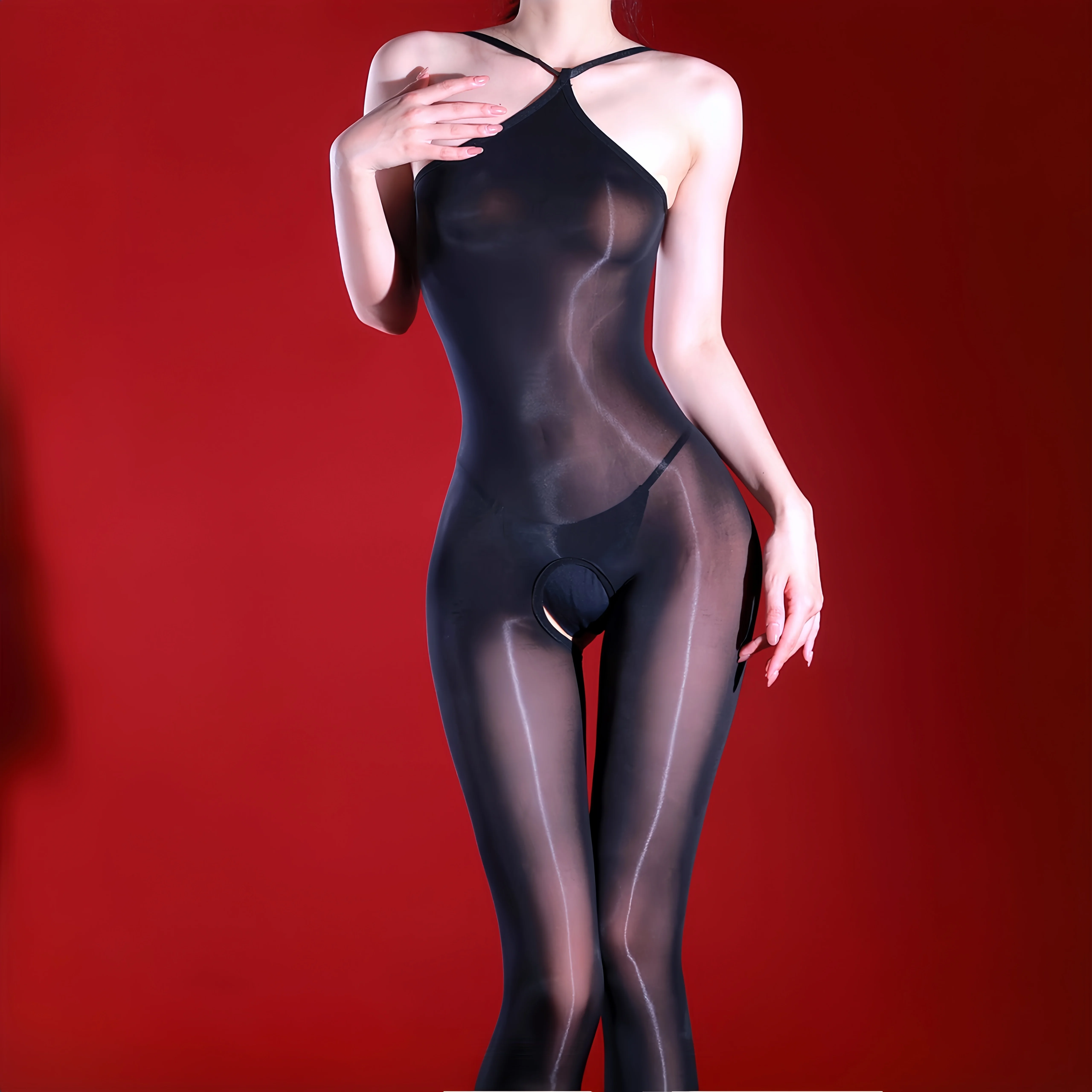 Women 640 Pin High Density Bodysuit Oil Shiny Elastic Tights Open Crotch Yoga Shaping Jumpsuit High Collar Maid Leotard Leggings