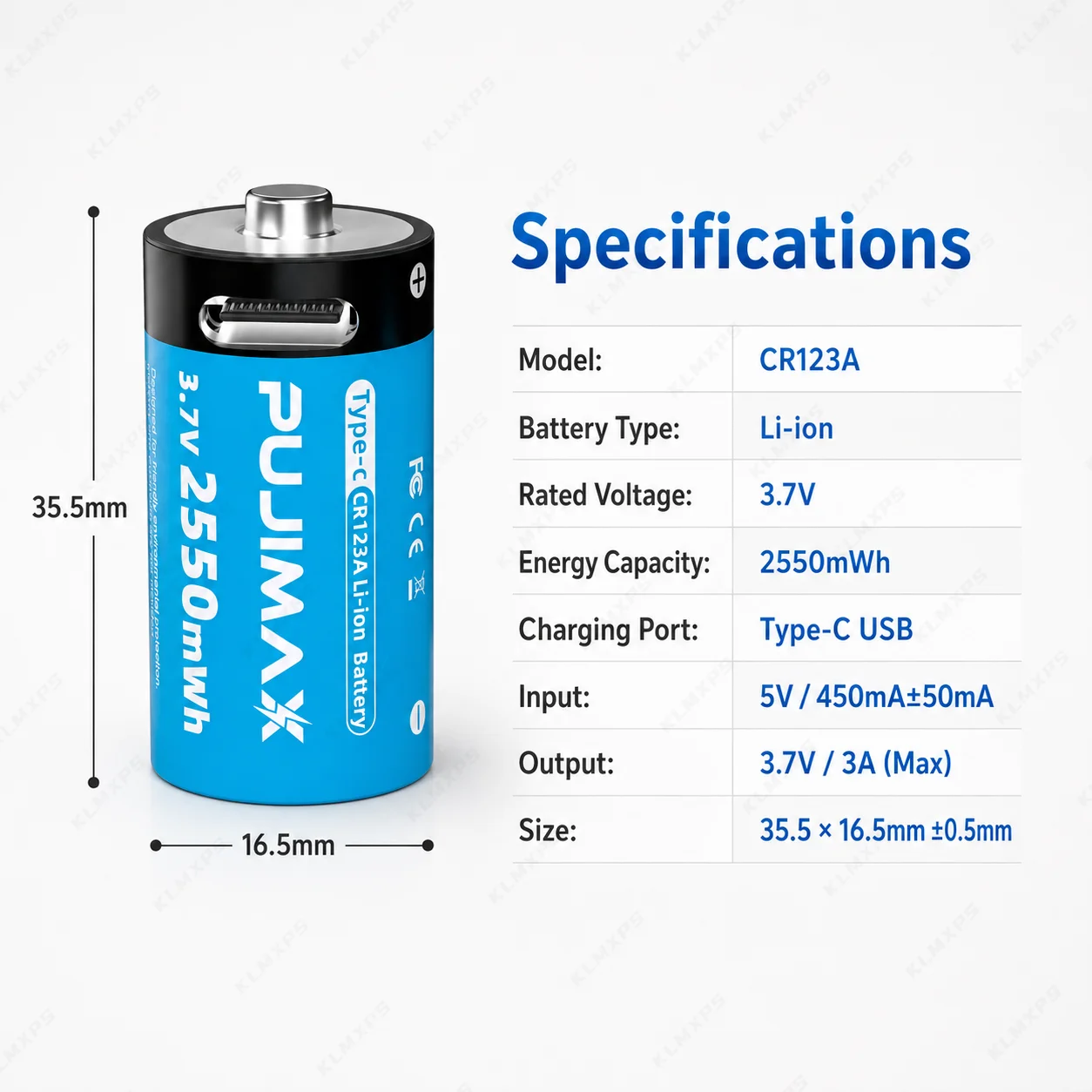 2550mWh 3.7V 16340 Li-ion Rechargeable Battery with Type-C USB Charging for Fuji Polaroid Camera CR123A
