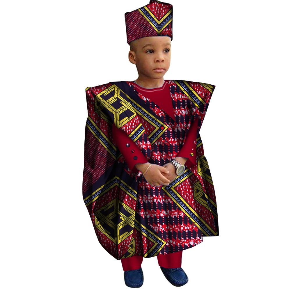 African Clothes with Hat Boy Tops and Pants African Print Clothes for Boys Bazin Riche Dashiki Gown Set WYT200