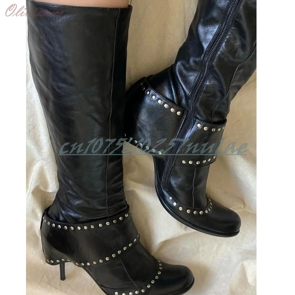 

Black Round Metal Rivets Decor Mid Calf Boots Side Zipper Stiletto High Heel Fashion Sexy Matte Women Shoes Zapatos Para Mujere