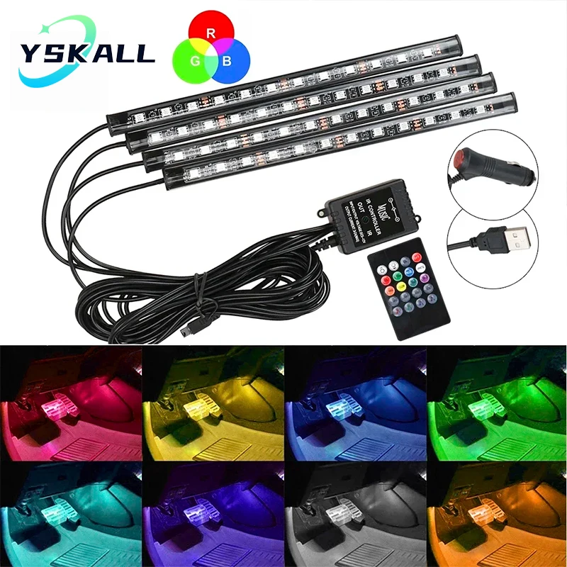 Full Color LED Car Interior Ambient Foot Strip RGB Light Kit Accessories Backlight Auto Universal Atmosphere Decorative Lamps