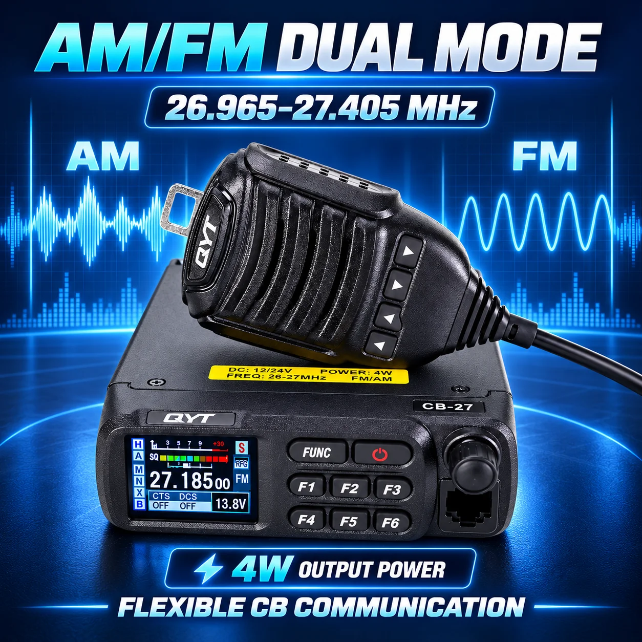QYT CB-27 AM/FM CB Radio 4W 26.965-27.405MHz 12V/24V Color Screen Dual Watch Scan Mobile Transceiver for Truck RV