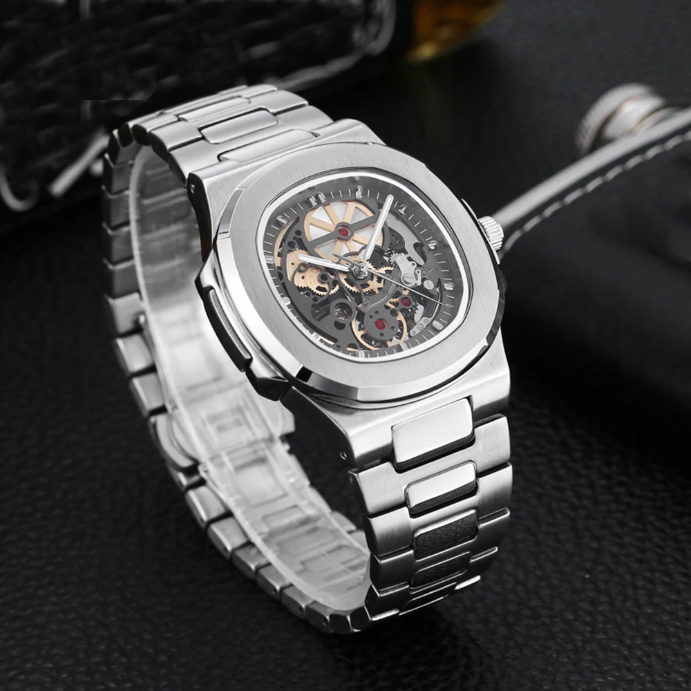 Высокое качество авто механические часы скелет бизнес из нержавеющей стали тонкие наручные часы светящиеся водонепроницаемые модные часы