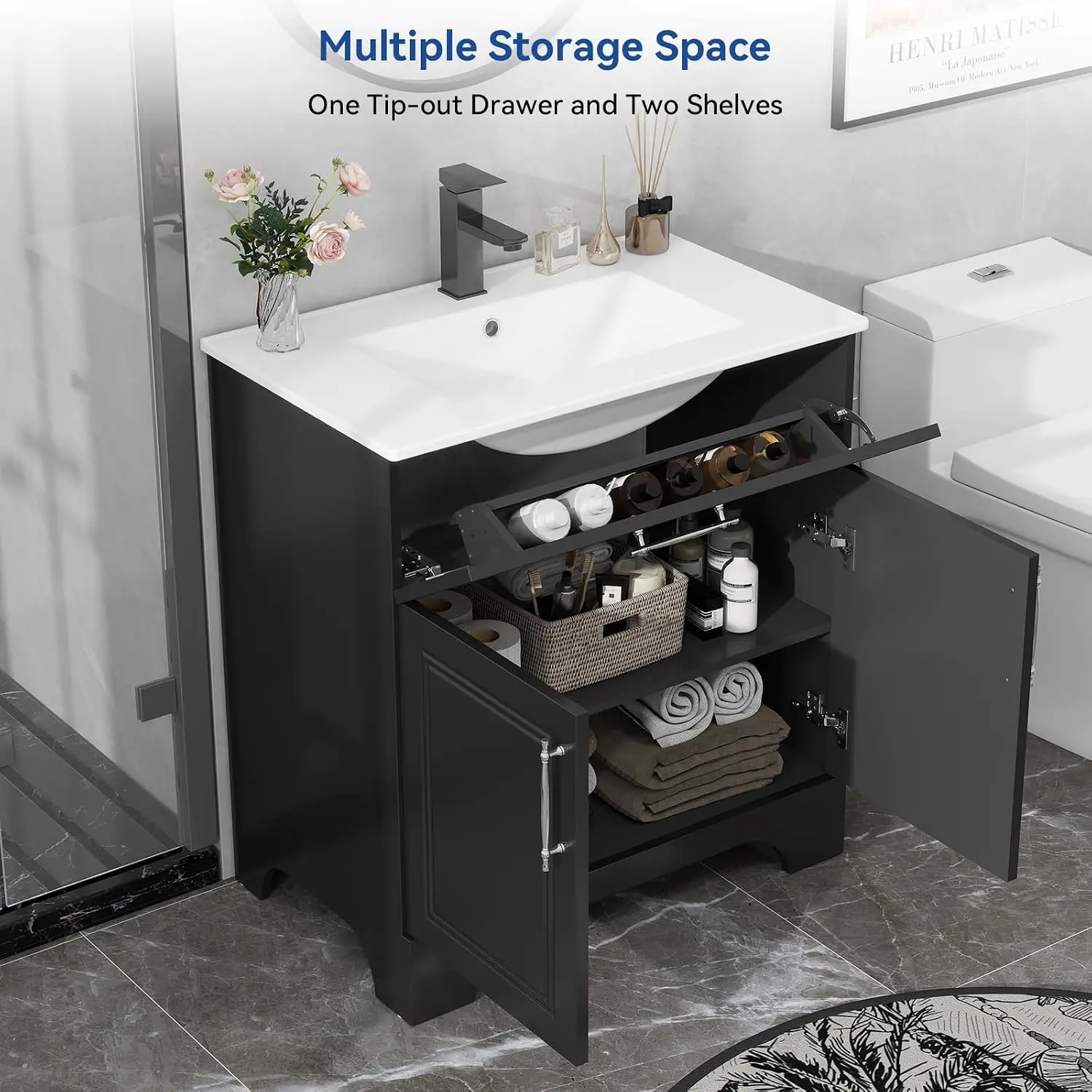 Bathroom Storage Cabinet Set, Tip-Out Drawer, 2 Soft-close Doors, Faucet & Pop-up Drain, Customized