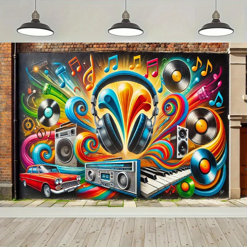 1 bunte Musik-Graffiti-Wand mit Radio und Vinyl-Schallplattenhintergrund, für Wohnzimmer-Außendekoration/Party-Dekoration