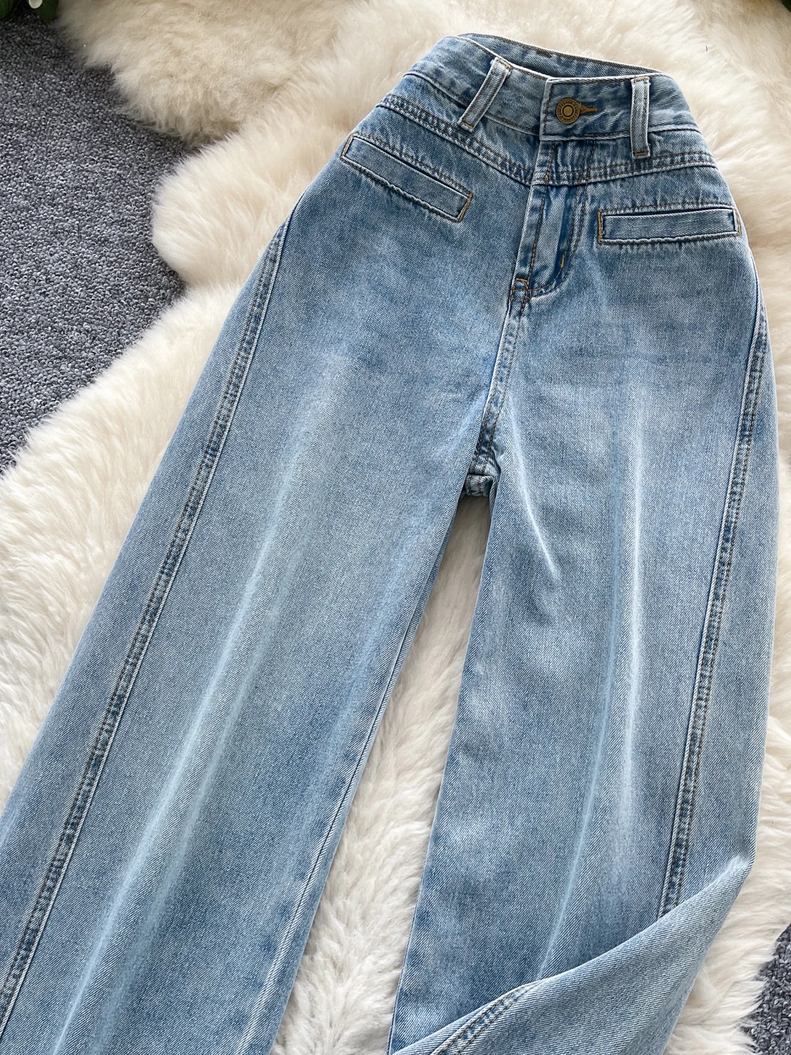 Simple High Waist Wide Leg Light Blue Denim Jeans Women's Summer Vintage Faded Long Straight Floor-Length Pants