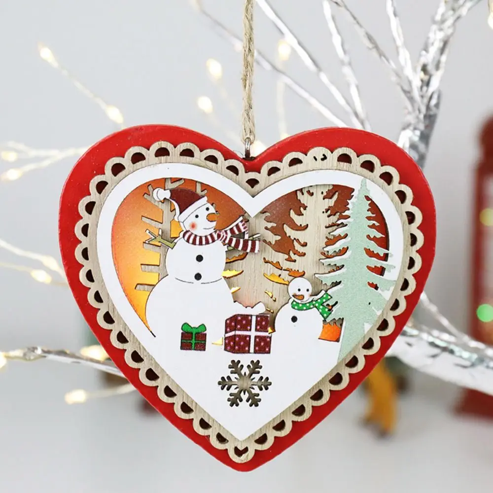 Hanging Hole Design Christmas Wooden Glowing Pendants Pentagram Wooden Crafts Luminous Wooden Pendants Pentagram Elk Snowman