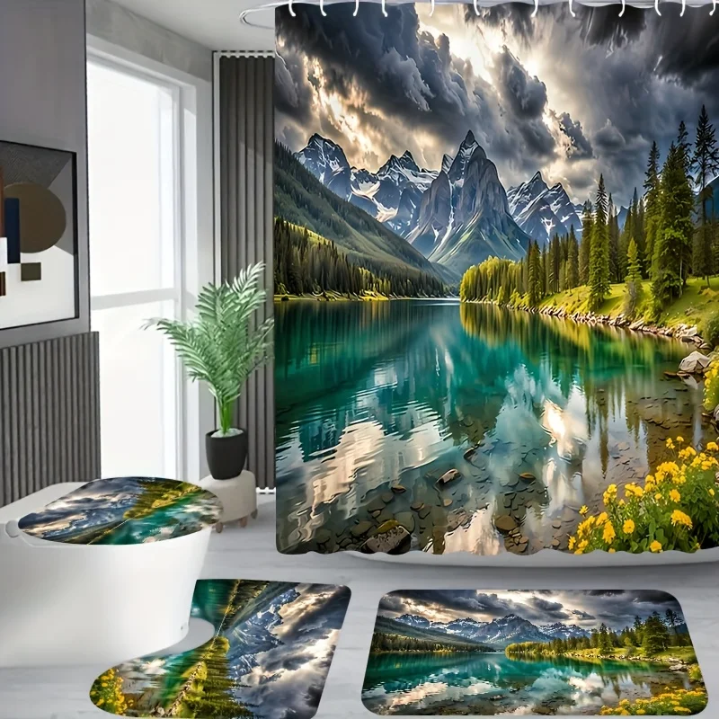 

4 шт., натуральный узор «Озеро и горы», ванная комната в квартире, занавеска для душа в душевой комнате, занавеска для душа в отеле