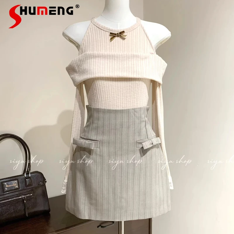 

Japanese and Korean Sweet Off-Shoulder Knitted Sweater Skirt 2-Piece Set 2026 Spring New Women's Slim Elegant Knit Top Skirt Set