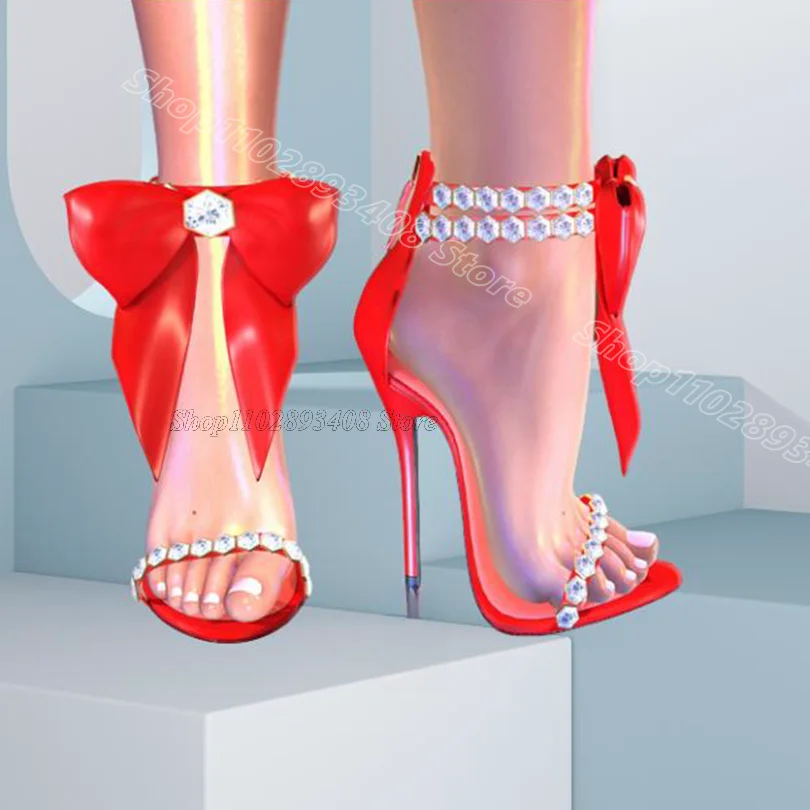 

Red Bowknot Crystal Cover Heels Sandals Open Toe Solid Sweet Style Summer Stylish Dance Party Sandals 2025 Zapatos Para Mujere