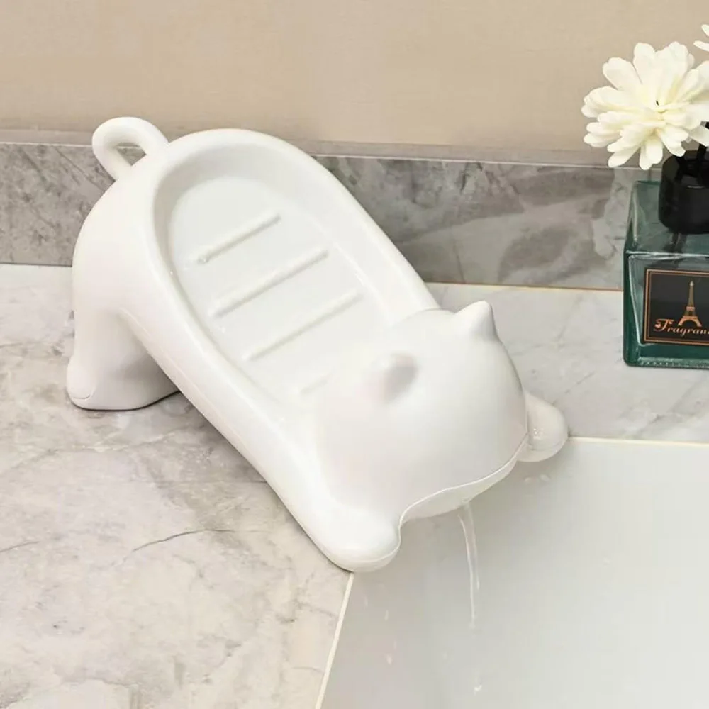 Cute Cat Drain Soap Holder Container Smooth Plastic Toilet Soap Dish Case Tray Bathroom Accessories Washroom Tools Home Decor