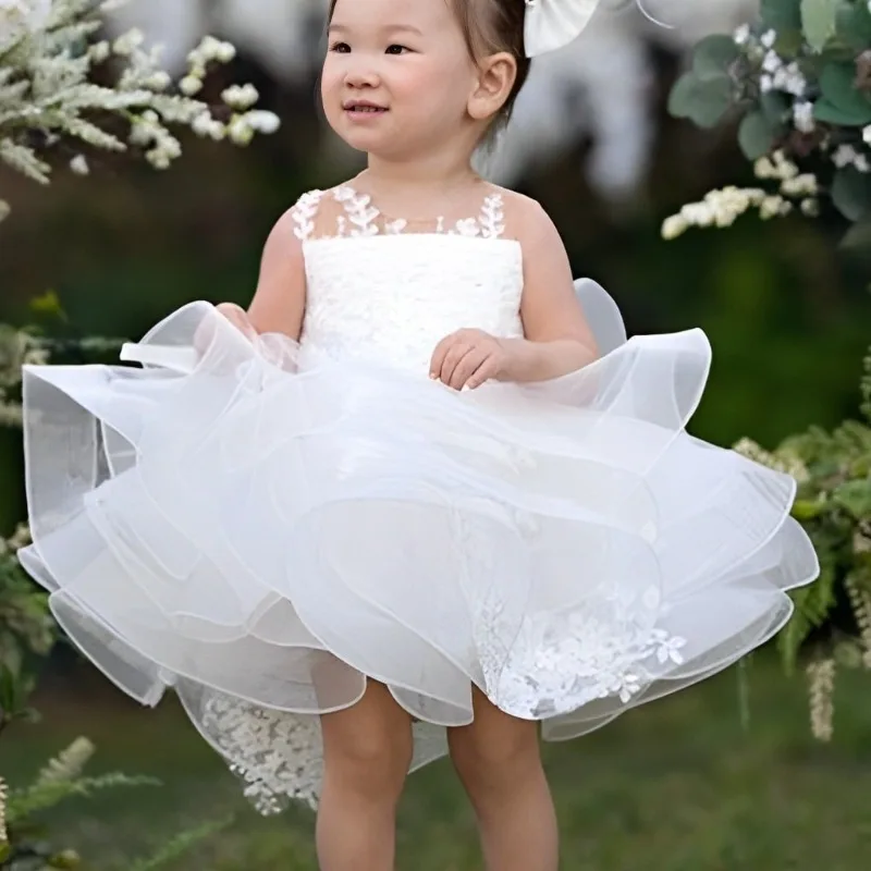 

Customized Flower Girl Dress White Sleeveless Lace Fluffy Gown for Wedding Party Birthday Princess Tulle Gown