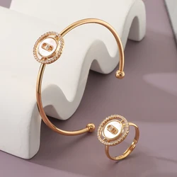 Women Fashion Copper Zircon Shell Adjustable Oepn Cuff Bangle Ring Set Simple Round Design Wedding Party Jewelry Set Accessory