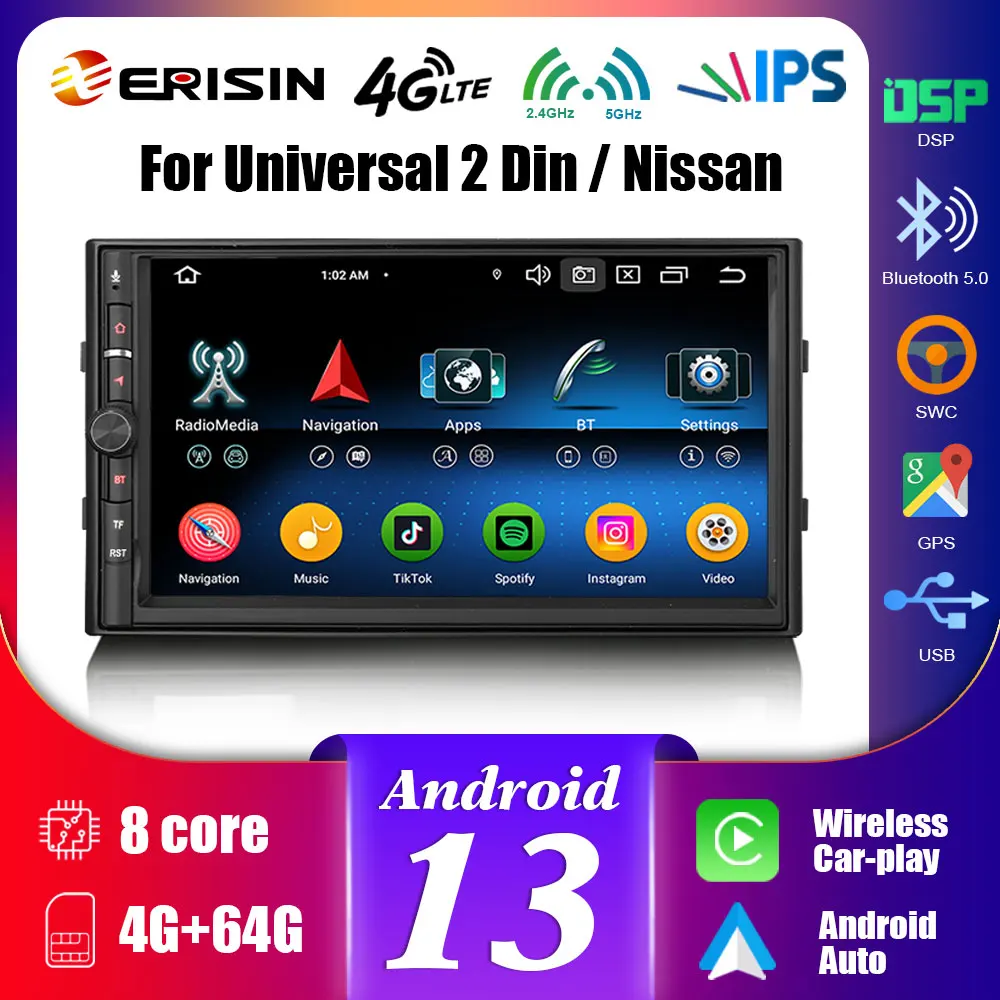 Erisin ES5736U Android 13.0 Car Stereo For Nissan 2Din Universal Multimedia Wireless CarPlay Auto Radio GPS BT5.0 4G WiFi HD IPS