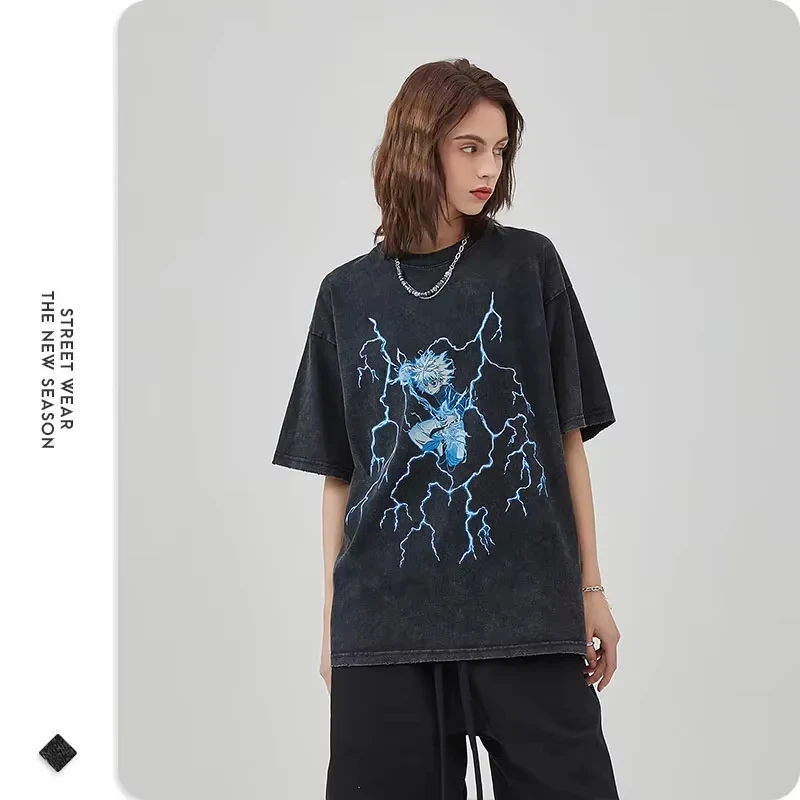 Killua Zoldyck Vintage Washed Anime Manga Graphic Cotton T‑shirt Unisex Y2K Oversized Short Sleeve Streetwear Casual Tops