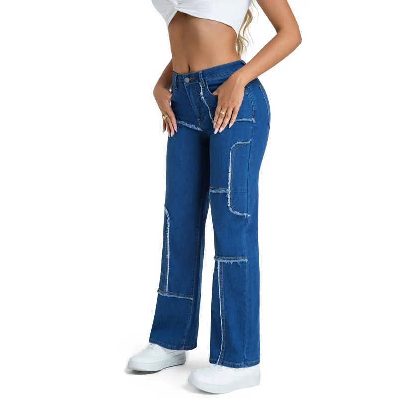 Celana Jeans Wanita Model Straight-cut Low-rise Open Crotch Pinggang Sedang Raw Trim Patchwork Fashion Wanita 2025 Streetwear Retro Terbaru