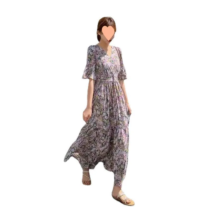 Summer 2025 New Women's Floral Print Chiffon Knee-Length Dr ort Sve Korean Sle Fairy T Forest System Skirt