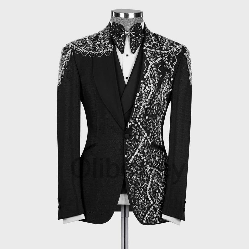 Olibexley Sparkly White Suit Set for Men Three Pieces Diamond Crystal Beaded Groom Male Blazers Wedding Tuxedos Customized S143