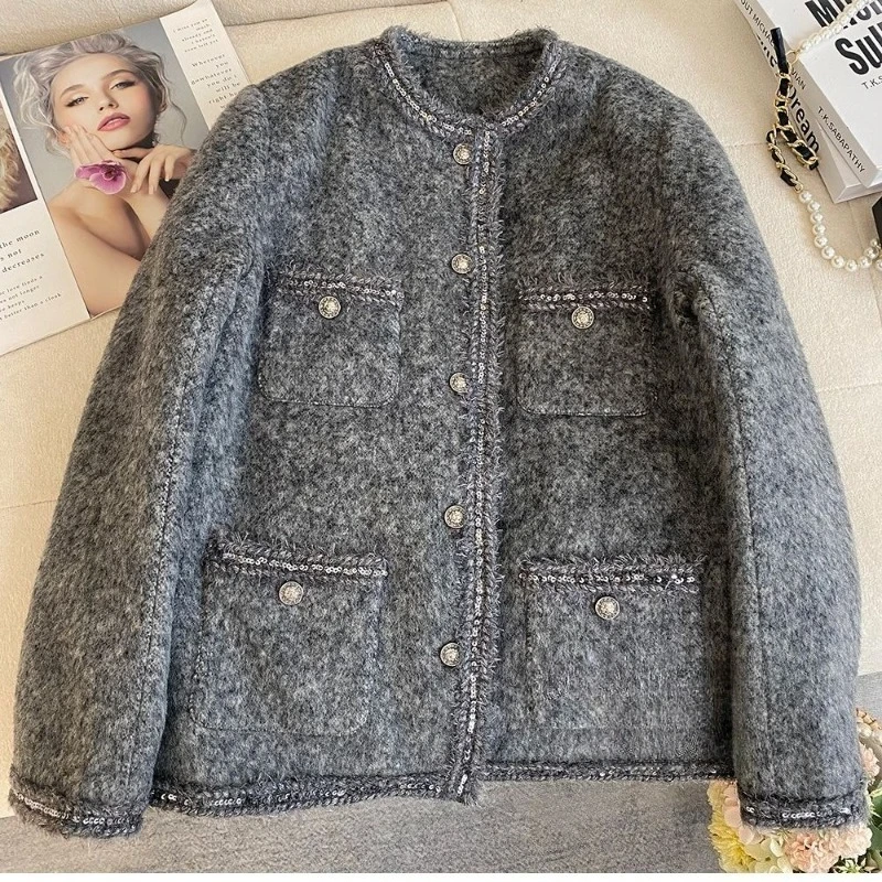 Tweed Jacket Women Round Neck Buttons Pockets Frayed Trim Solid Elegant Cozy Street Style Casual Fall Winter Trendy Daily