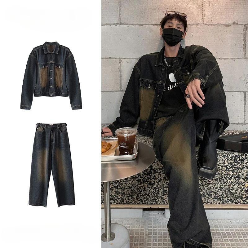 Traje vaquero para hombre y mujer, chaqueta desgastada retro, estilo coreano, jeans lavados, unisex, 2023