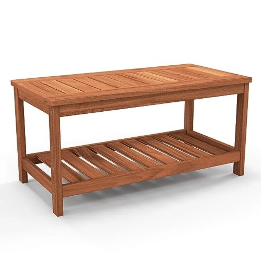 

Wood Outdoor Coffee Table, 2-Tier Patio Coffee Table with Slatted Hardwood Tabletop and Storage Shelf, Rectangle Wood Table for