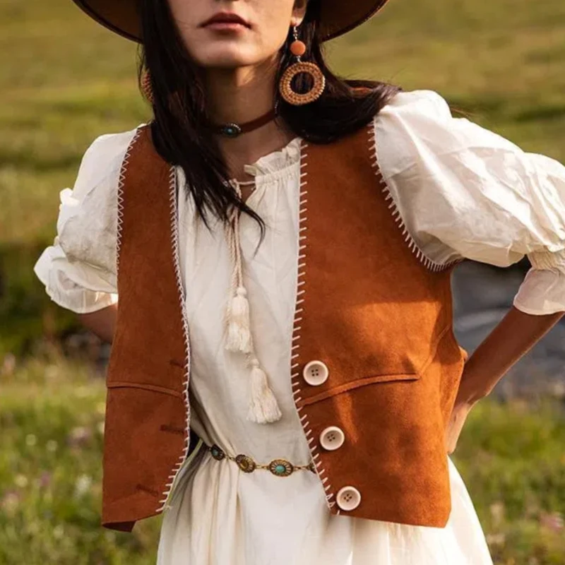 

Весенние женские пальто в богемном стиле, жилеты с v-образным вырезом, однотонные пуговицы, яркие украшения, кардиган без рукавов в американском стиле для пастушки, топы