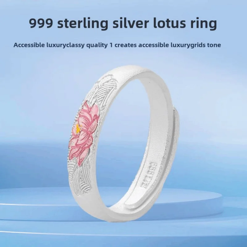 New925Sterling Silver Enamel Lotus Ring for Women Adjustable Ethnic Style Gift