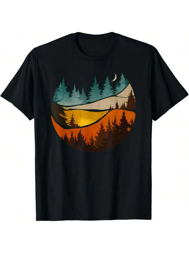 

Adventure with Scenic Mountain&Forest pattern design-100% cotton summer O-neck short sleeve casual printed men's T-shirt.