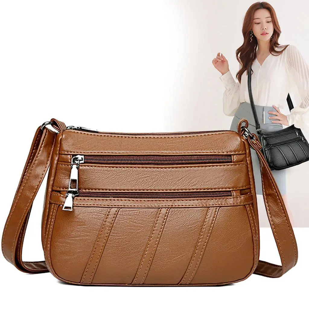 High Quality PU Soft Women Shoulder Bag Multi-layer Classic Crossbody Bag Leather Handbag Leisure Middleaged Lady Bag