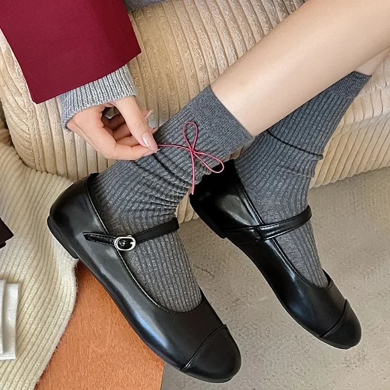 Gray Red Socks Women Autumn and Winter Retro Cotton Knitted Middle-tube Socks Bowknot Japanese Kawaii Cute Socks Christmas Gifts